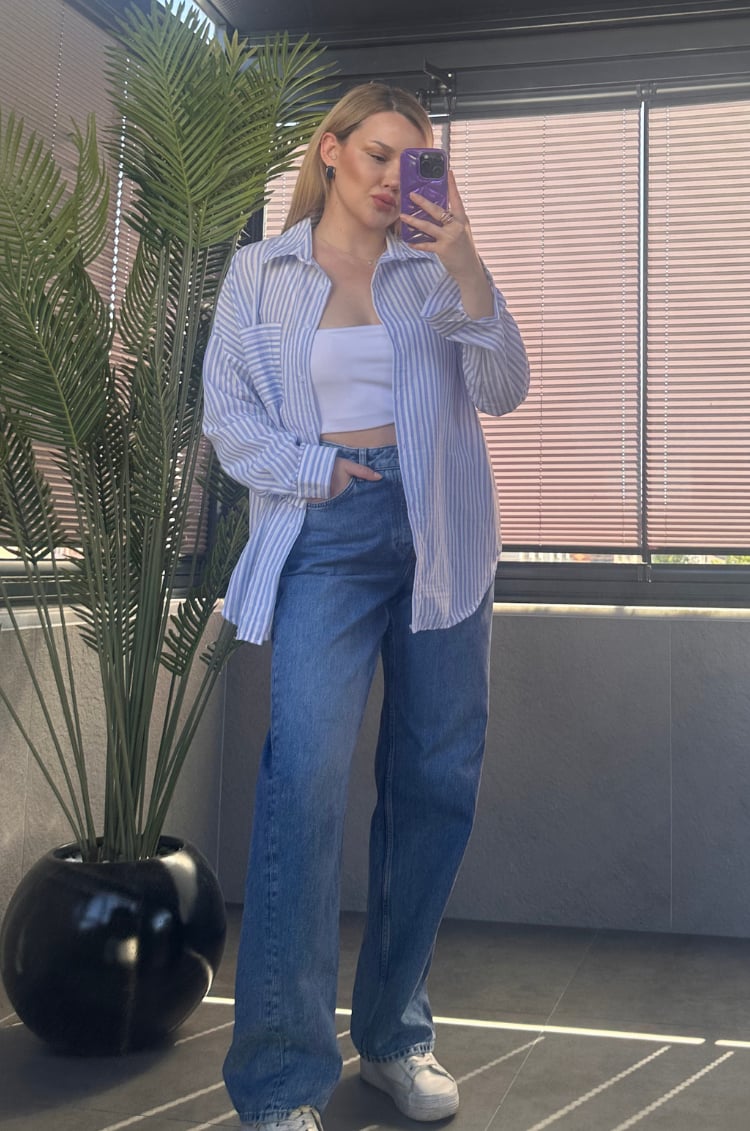 Açık Mavi Tek Cepli Çizgili Oversize Modal Keten Gömlek