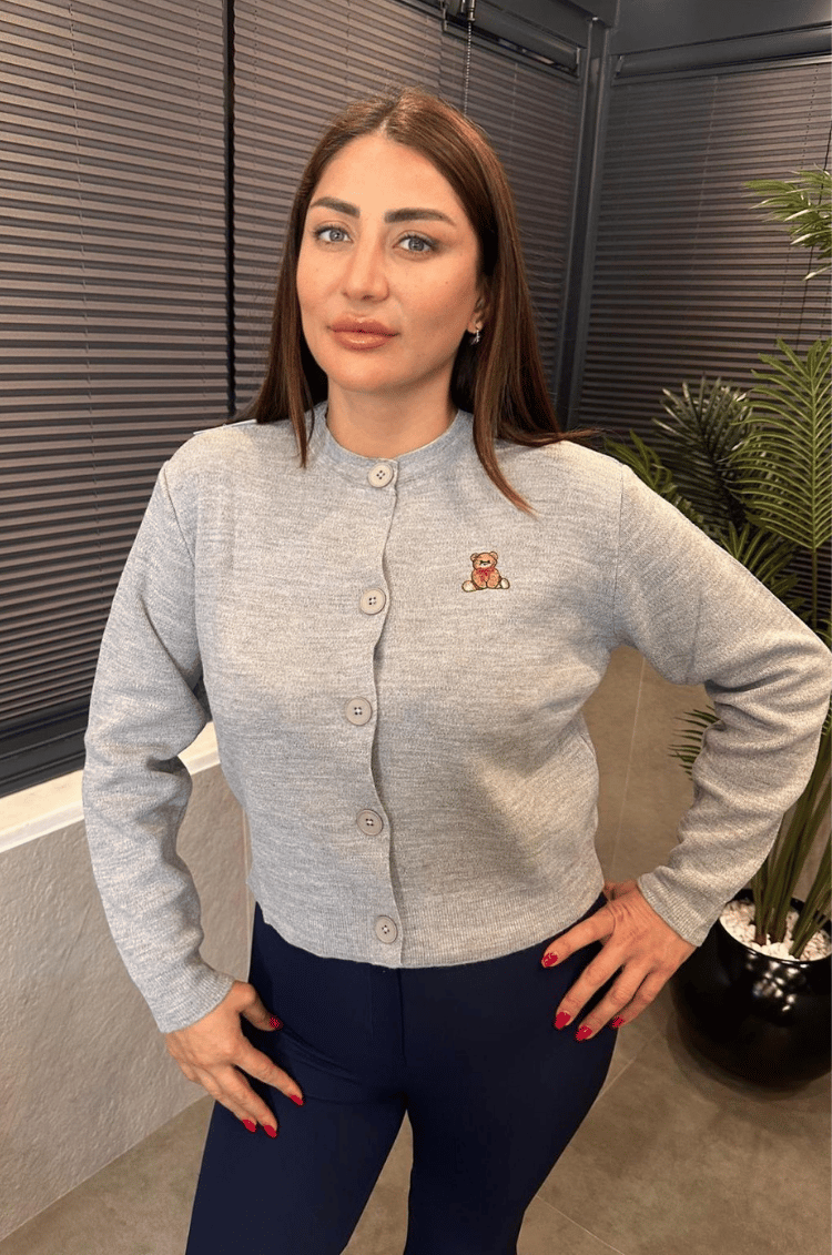 Ayıcık Detaylı Gri Kısa Triko Hırka