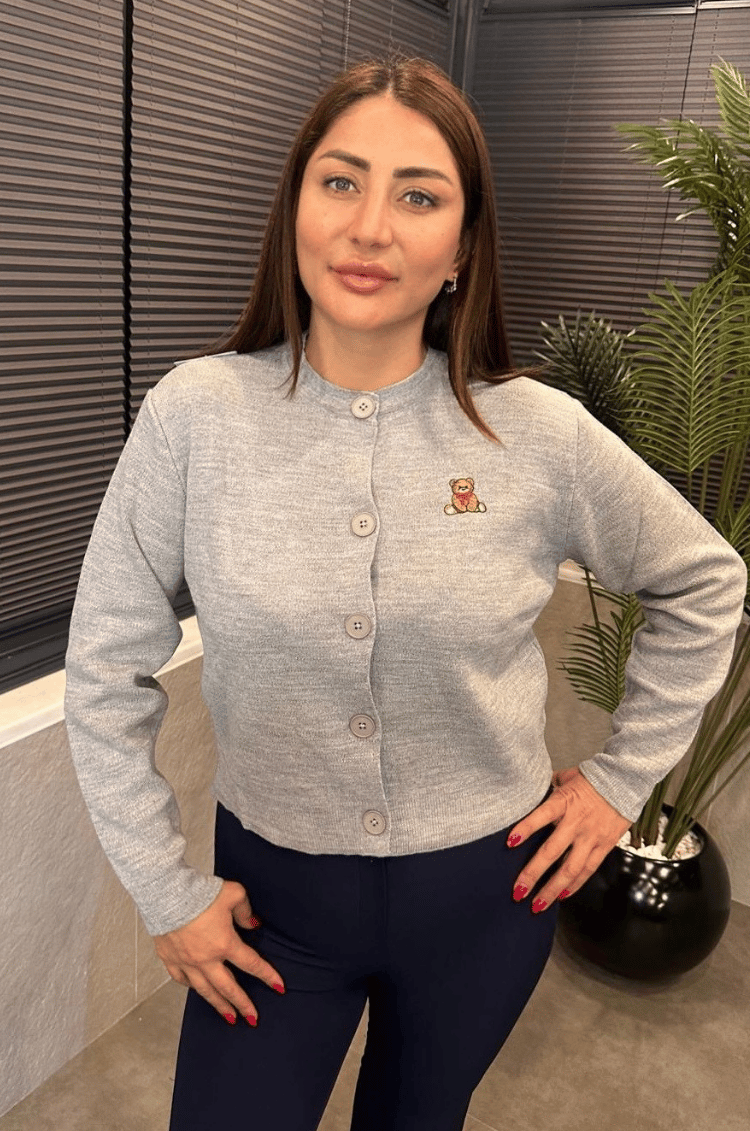 Ayıcık Detaylı Gri Kısa Triko Hırka