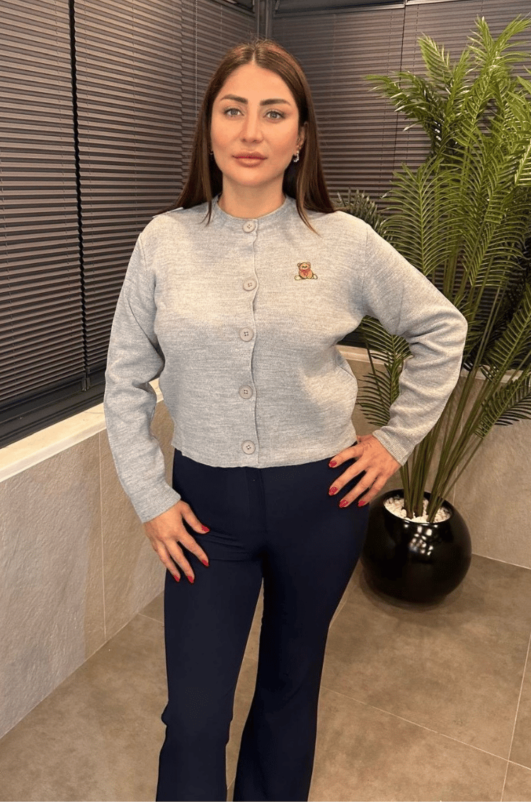 Ayıcık Detaylı Gri Kısa Triko Hırka