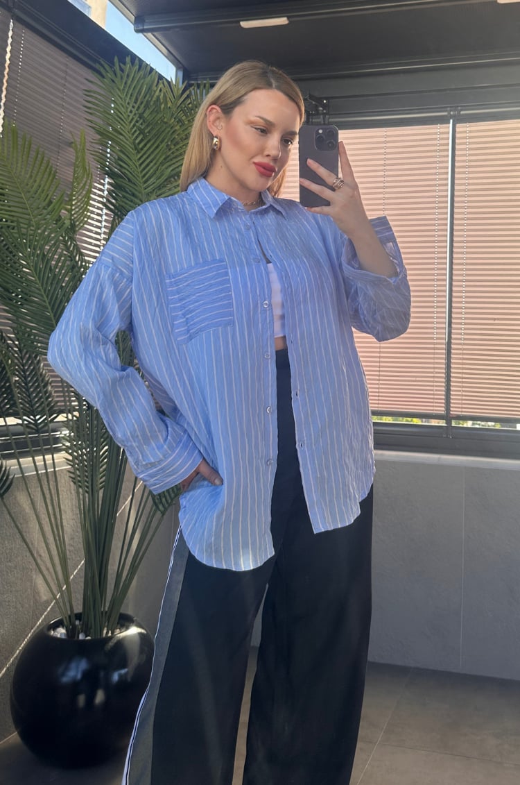 Bebe Mavisi Tek Cepli Çizgili Oversize Modal Gömlek