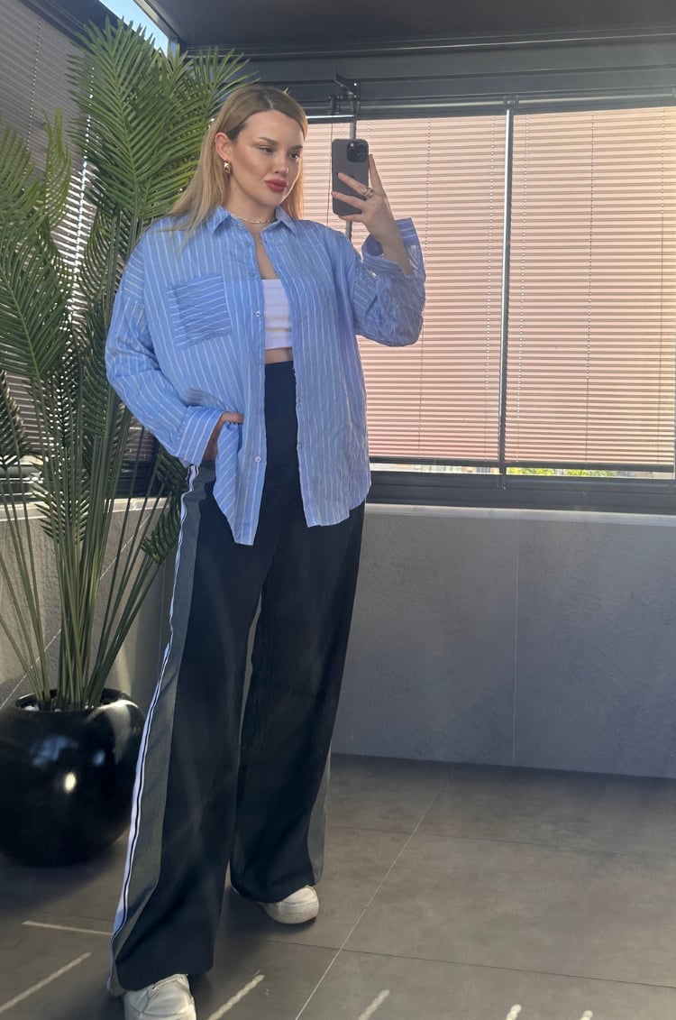 Bebe Mavisi Tek Cepli Çizgili Oversize Modal Gömlek