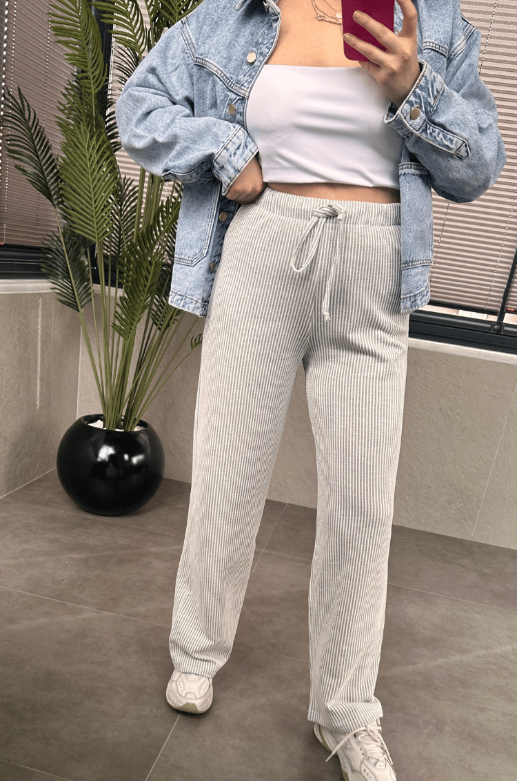 Beyaz Çizgili Marka Model Keten Karışımlı Pantolon