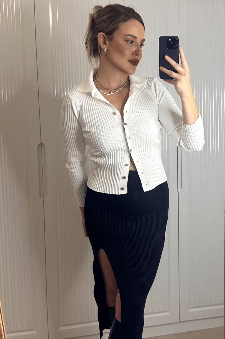 Beyaz Fitilli Likralı İnce Triko