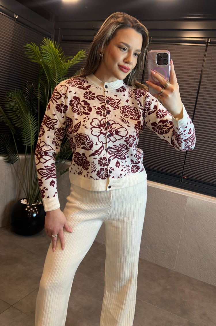 Bisiklet Yaka Bordo Çiçek Desenli Merserize Hırka