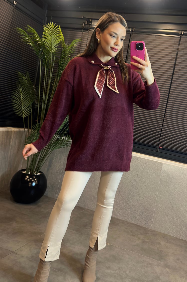 Bordo Fular Detaylı Oversize Yumoş Kazak