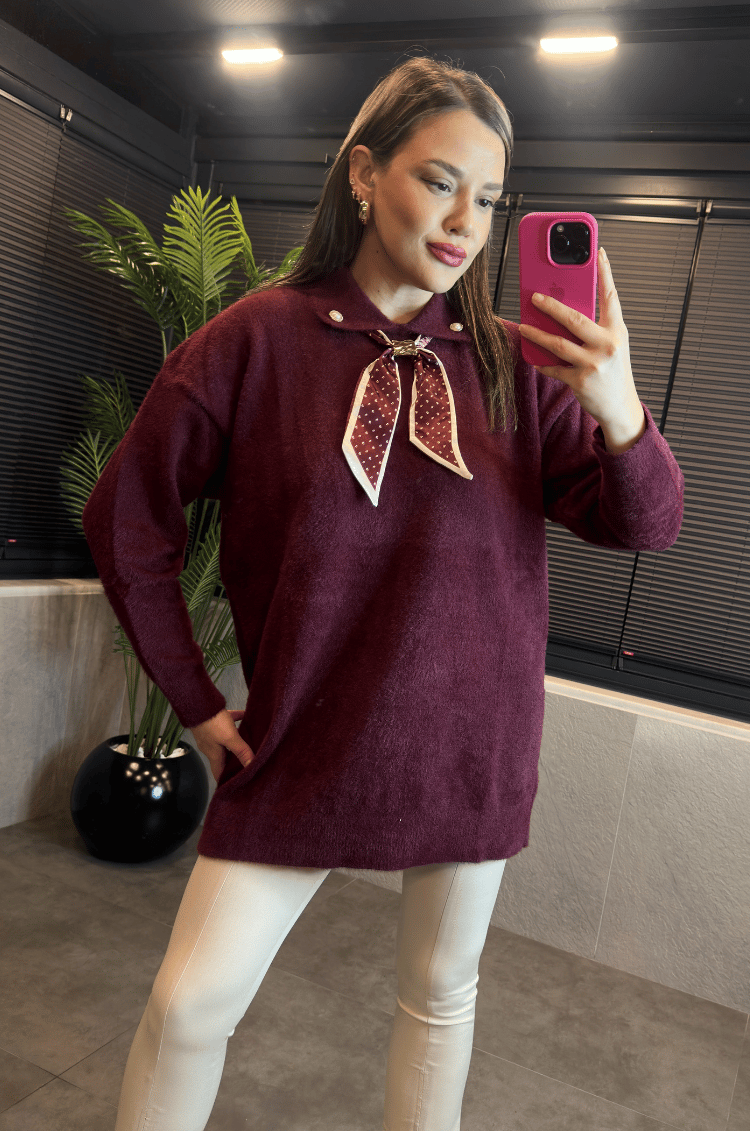 Bordo Fular Detaylı Oversize Yumoş Kazak
