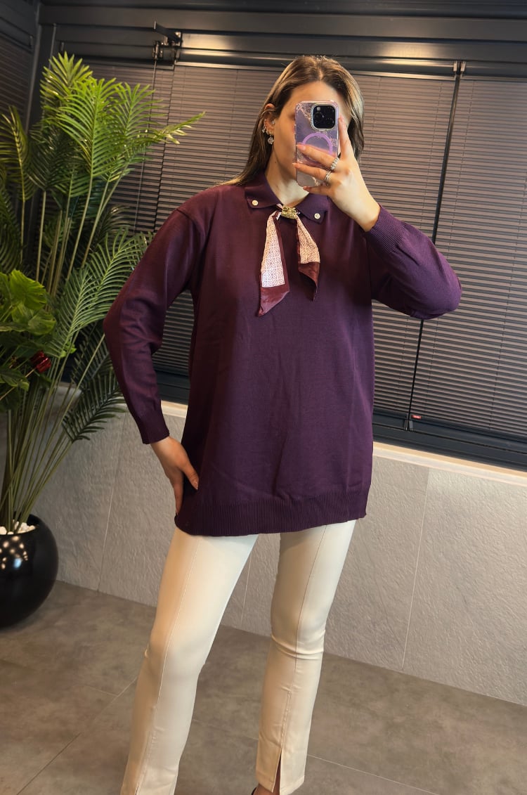 Bordo Fularlı Oversize Merserize Kazak