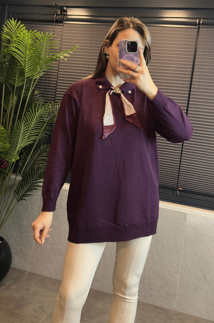 Bordo Fularlı Oversize Merserize Kazak