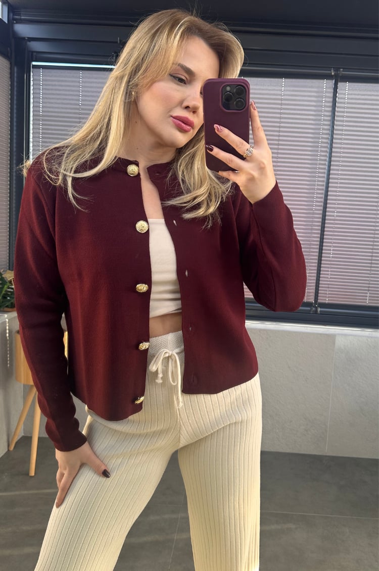 Bordo Gold Düğmeli Hırka