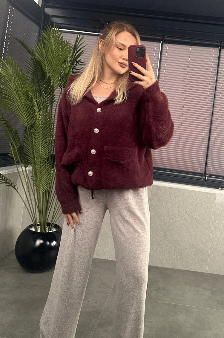 Bordo Kapüşonlu Cep Detaylı Peluş Hırka