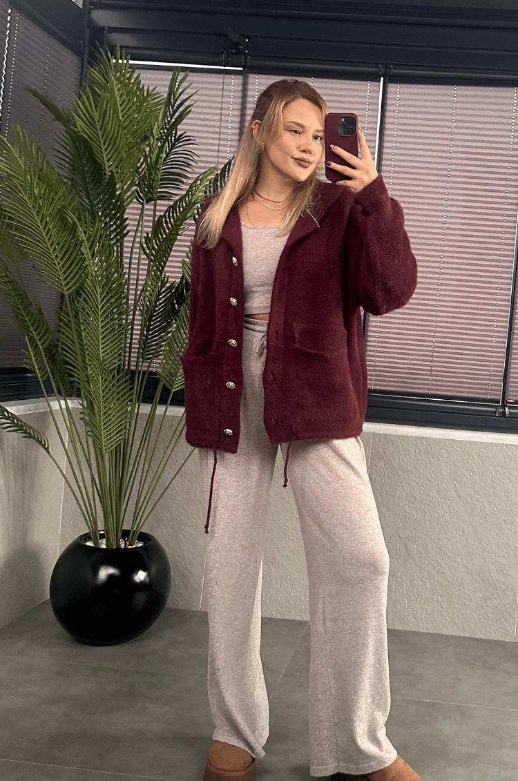 Bordo Kapüşonlu Cep Detaylı Peluş Hırka