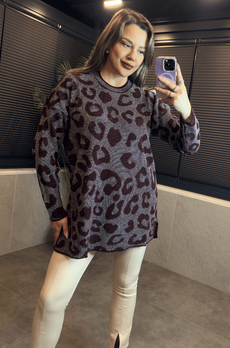 Bordo Leopar Desenli Simli Kazak