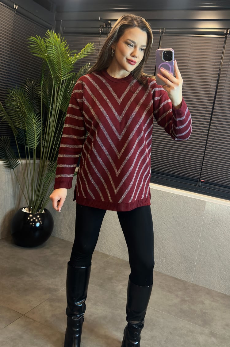 Bordo Simli Bisiklet Yaka Oversize Uzun Kazak