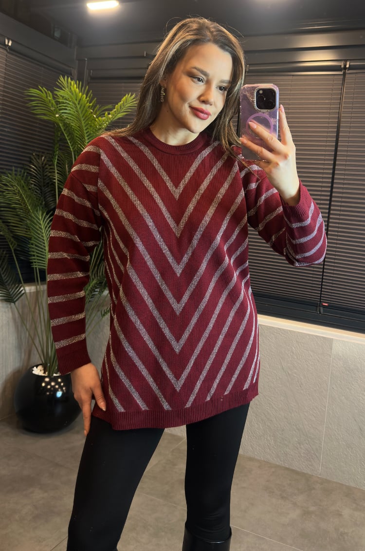 Bordo Simli Bisiklet Yaka Oversize Uzun Kazak
