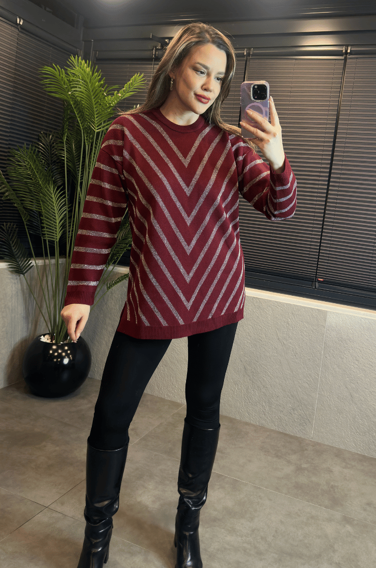 Bordo Simli Bisiklet Yaka Oversize Uzun Kazak