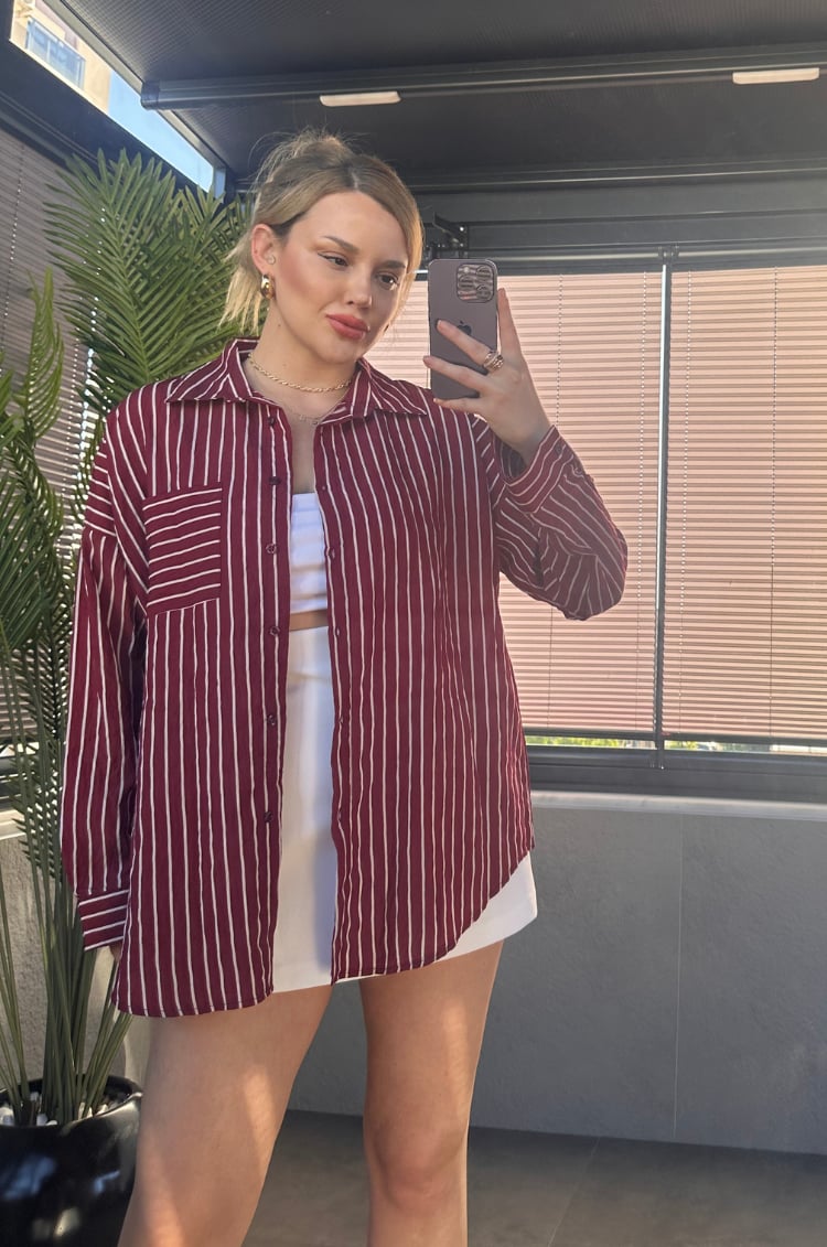 Bordo Tek Cepli Çizgili Oversize Modal Gömlek