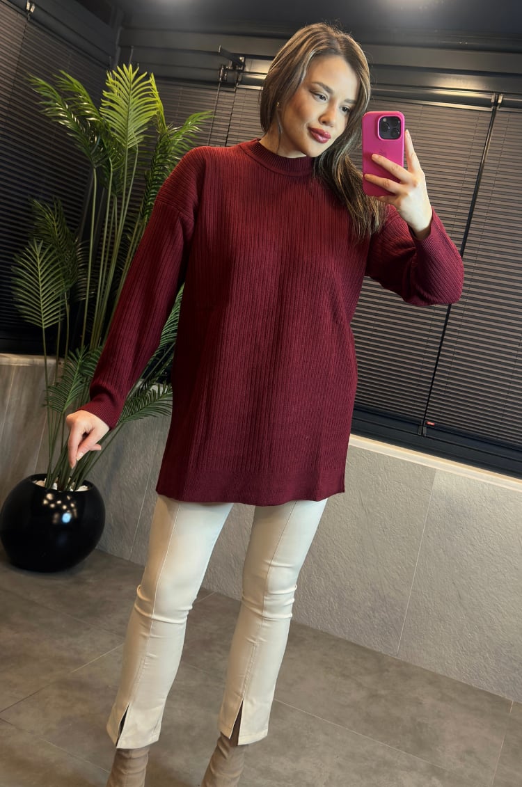 Bordo Yarı Boğazlı Fitilli Oversize Kazak 