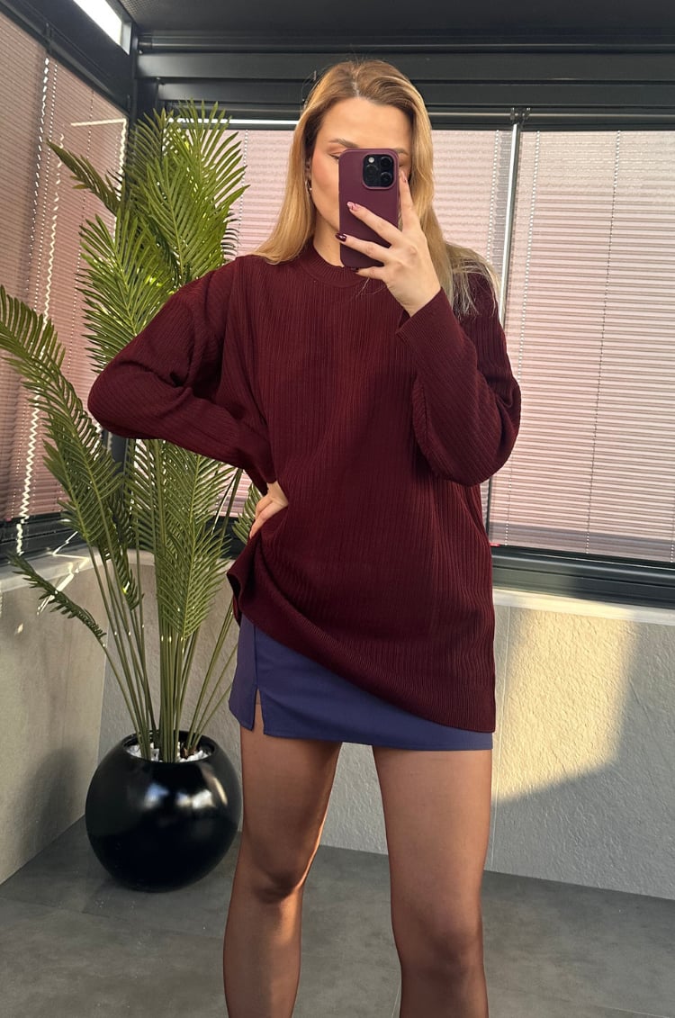 Bordo Yarı Boğazlı Fitilli Oversize Kazak