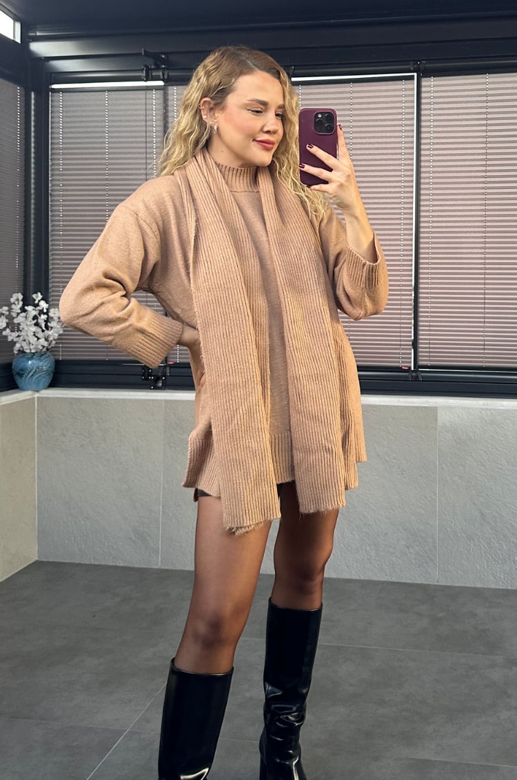 Camel Bisiklet Yaka Atkılı Oversize Kazak