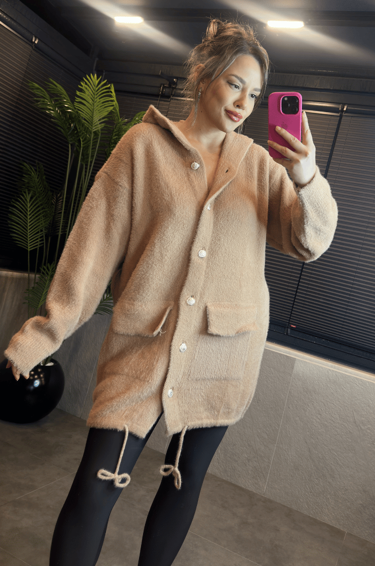 Camel Kapüşonlu Cep Detaylı Peluş Uzun Hırka