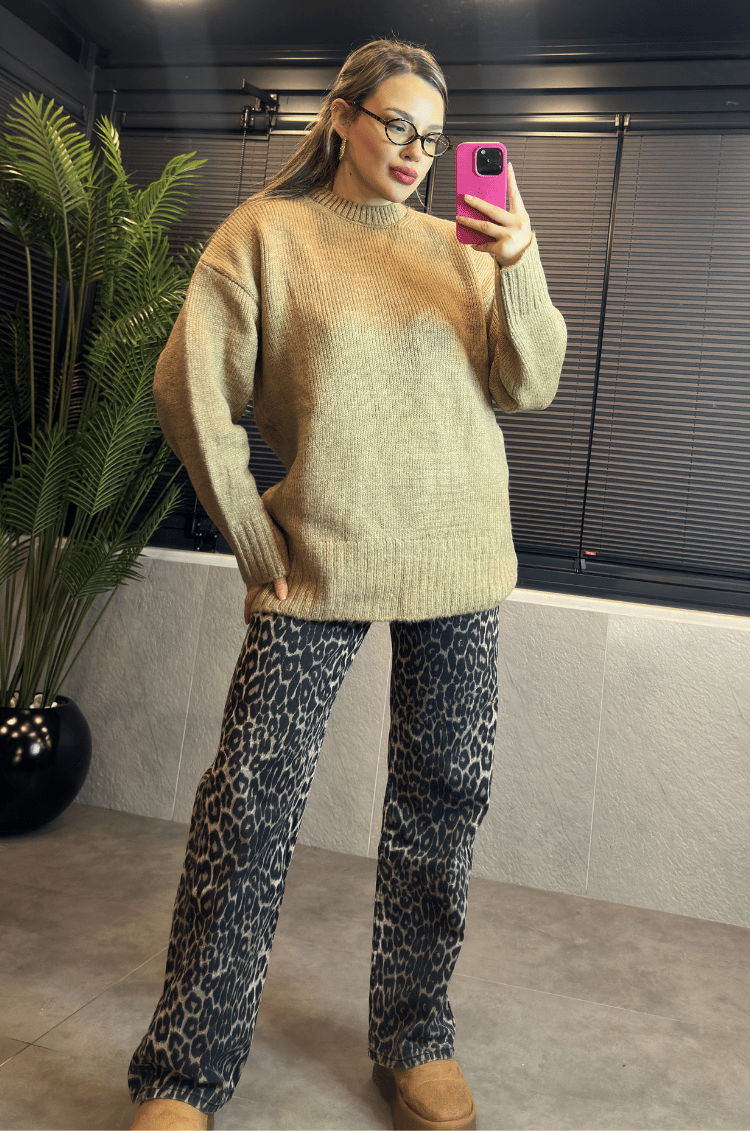 Camel Oversize Bisiklet Yaka Yumoş Uzun Kazak