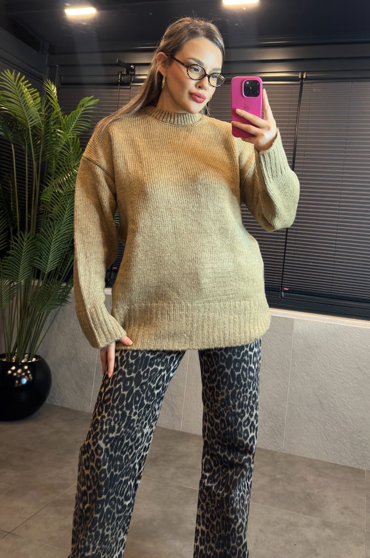 Camel Oversize Bisiklet Yaka Yumoş Uzun Kazak