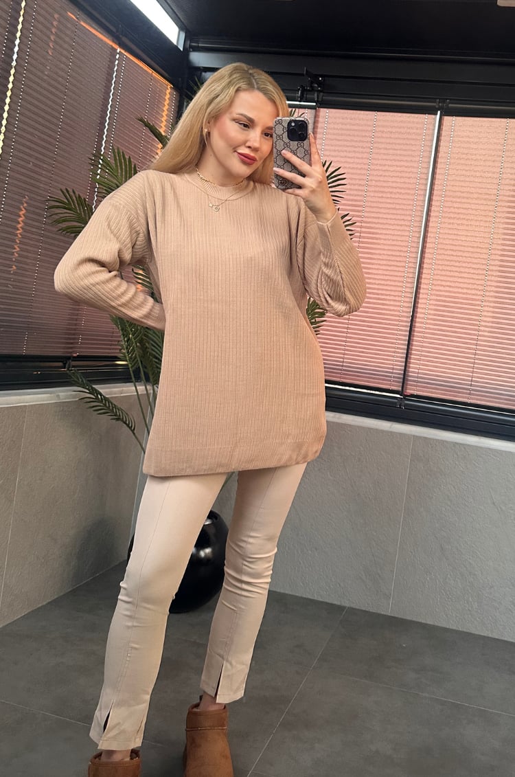 Camel Yarı Boğazlı Fitilli Oversize Kazak