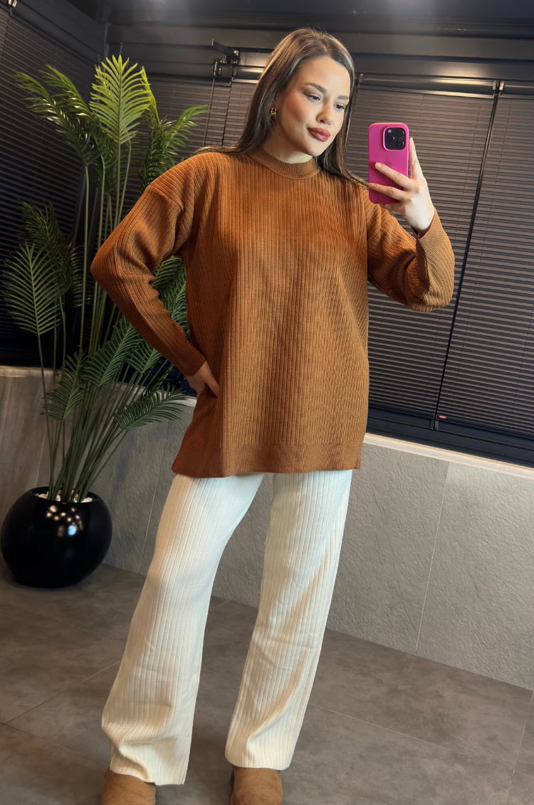 Camel Yarı Boğazlı Fitilli Oversize Kazak 