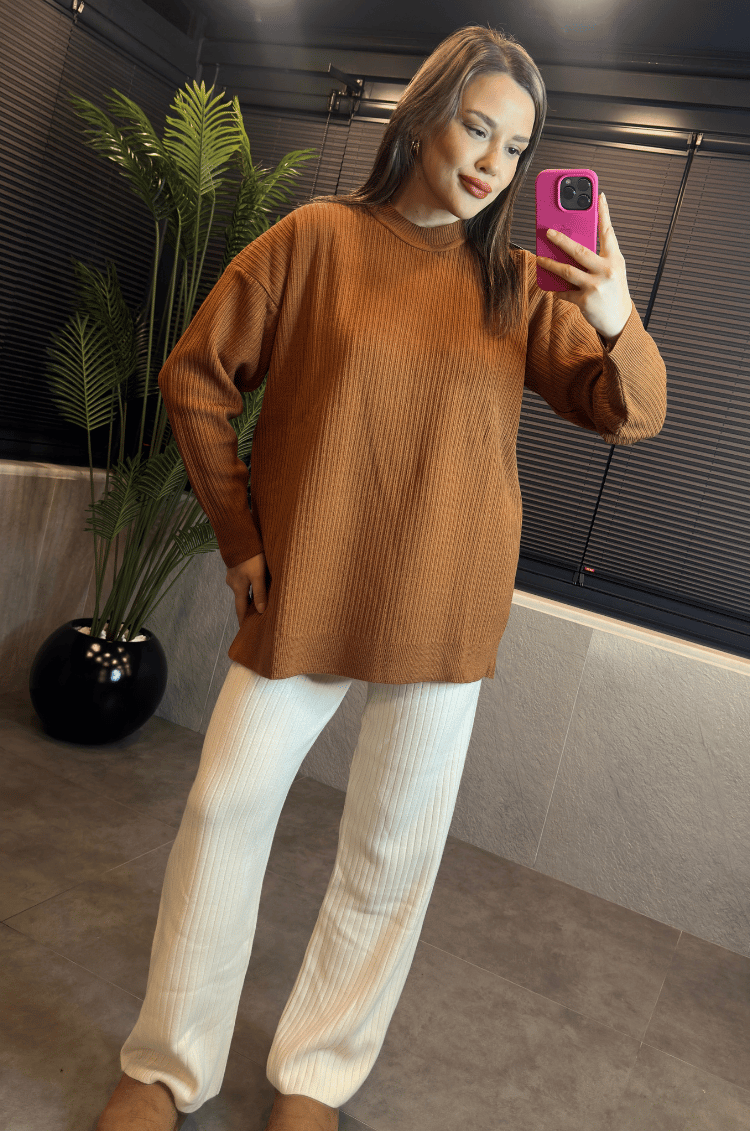 Camel Yarı Boğazlı Fitilli Oversize Kazak 