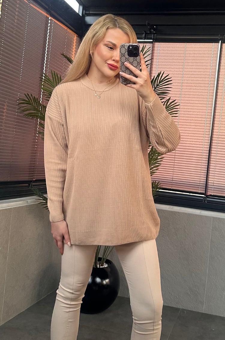 Camel Yarı Boğazlı Fitilli Oversize Kazak