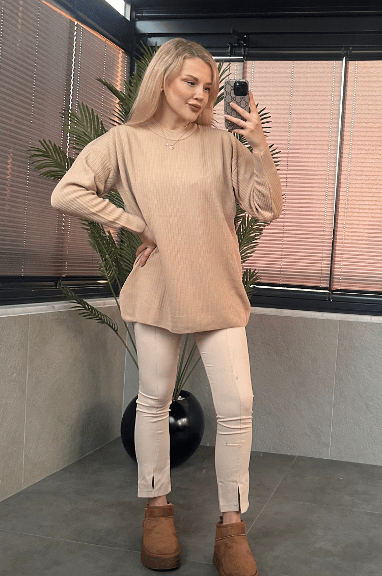 Camel Yarı Boğazlı Fitilli Oversize Kazak