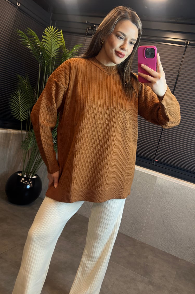 Camel Yarı Boğazlı Fitilli Oversize Kazak 
