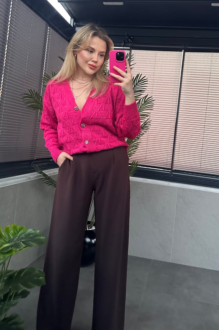 Fuşya Rengi Baklava Desenli Örgü Hırka