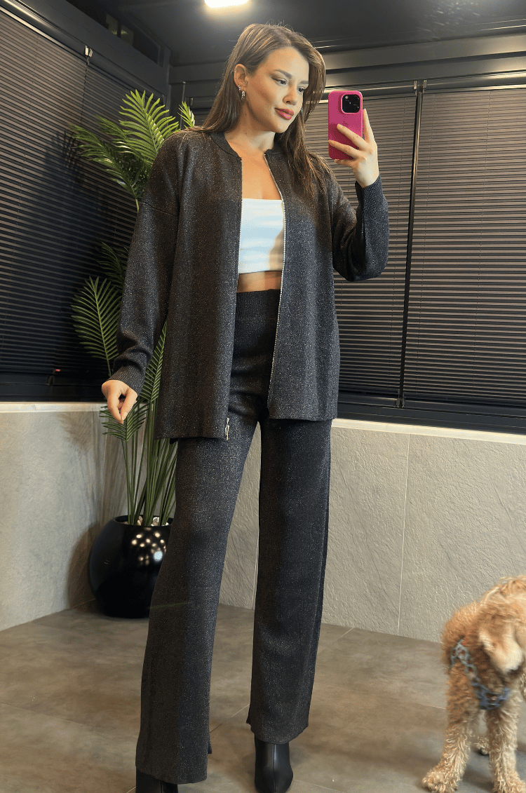 Gri Simli Bisiklet Yaka Rahat Kalıp Triko Takım