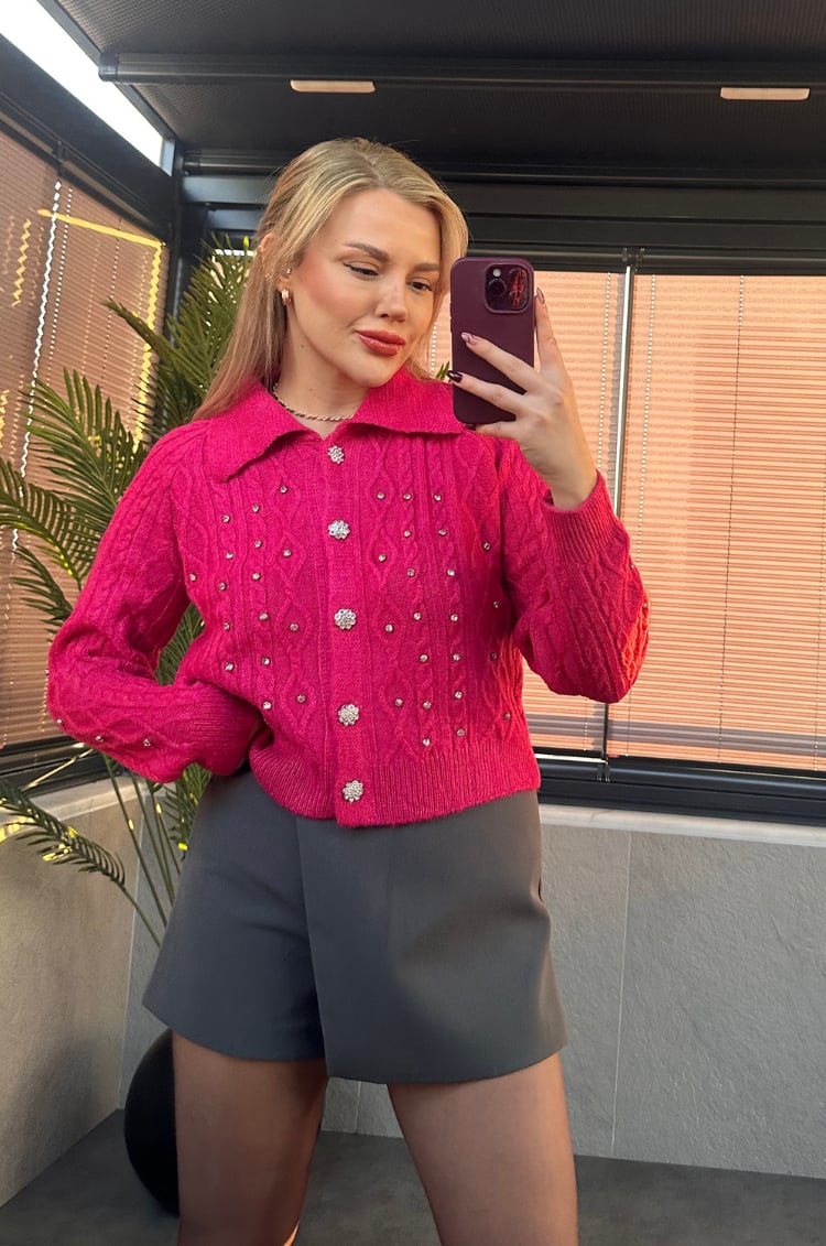 Gümüş İşlemeli Yaka Detaylı Pembe Örme Hırka