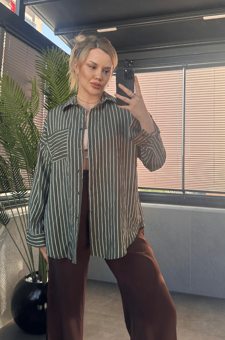 Haki Tek Cepli Çizgili Oversize Modal Gömlek