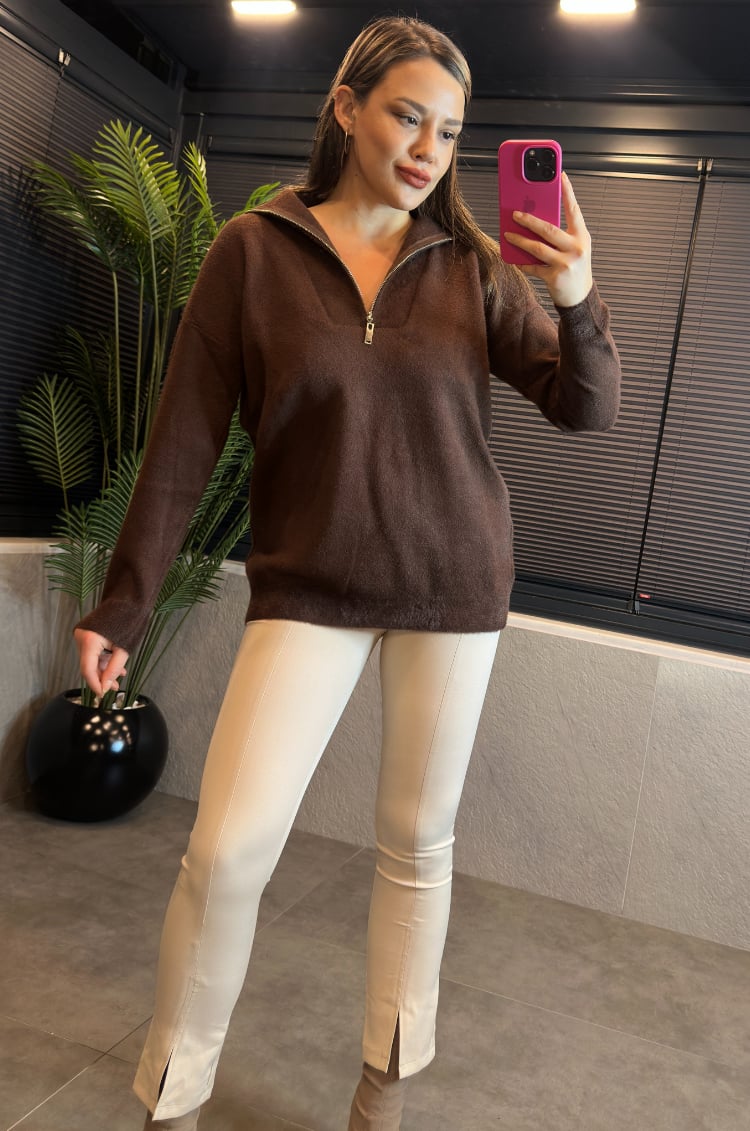 Kahverengi Fermuarlı Sakallı Kazak