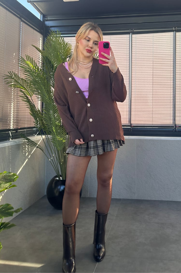 Kahverengi Fitilli Oversize Basic Örme Hırka