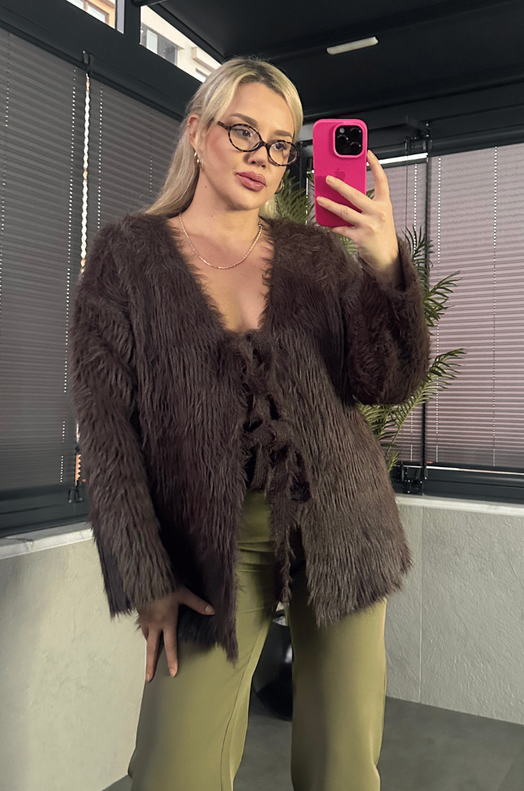 Kahverengi Marka Model Oversize Sakallı Hırka