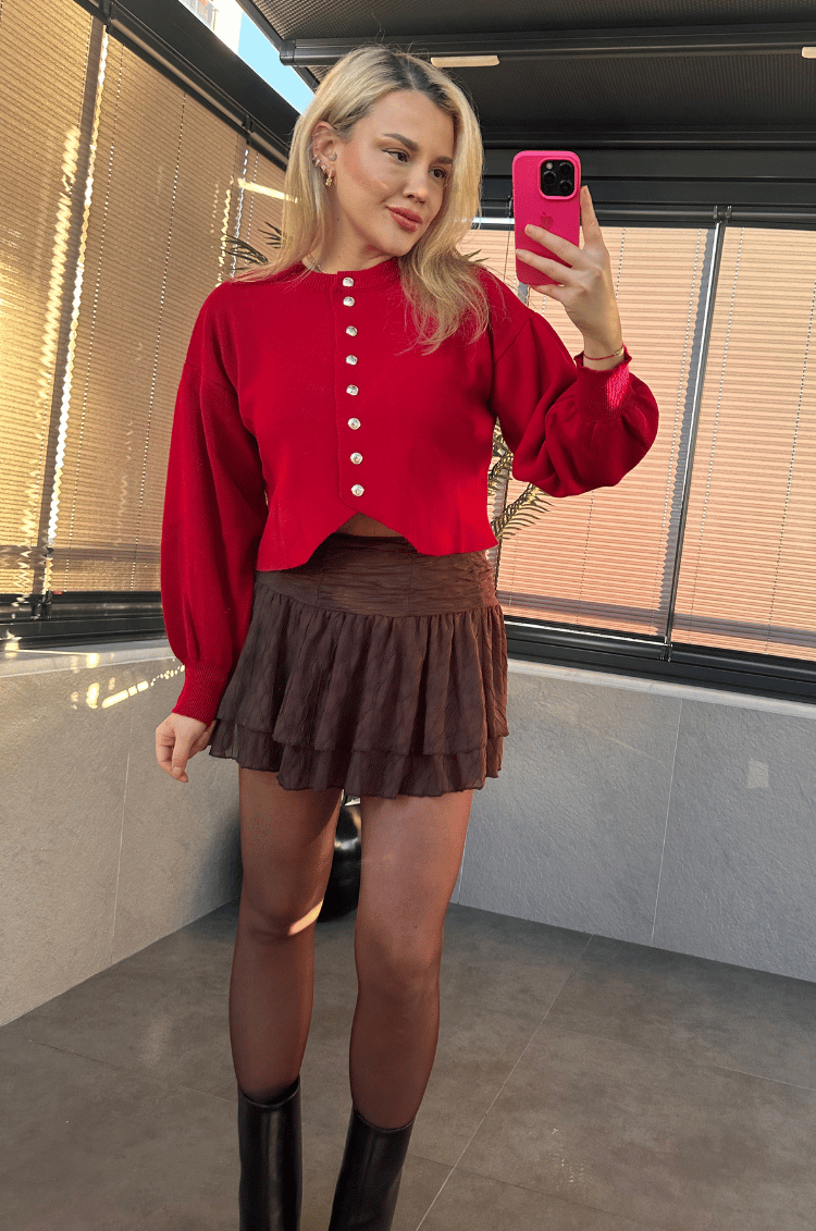Kırmızı Fit Kesim Crop Hırka