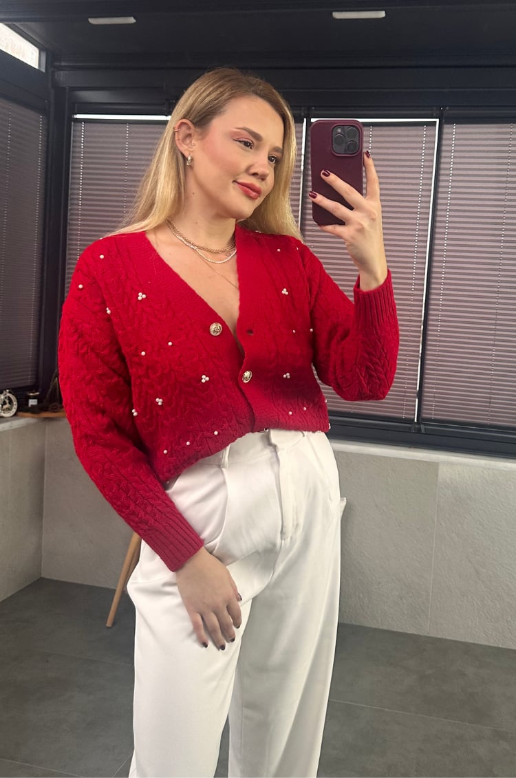 Kırmızı İnci Detaylı Örme Hırka