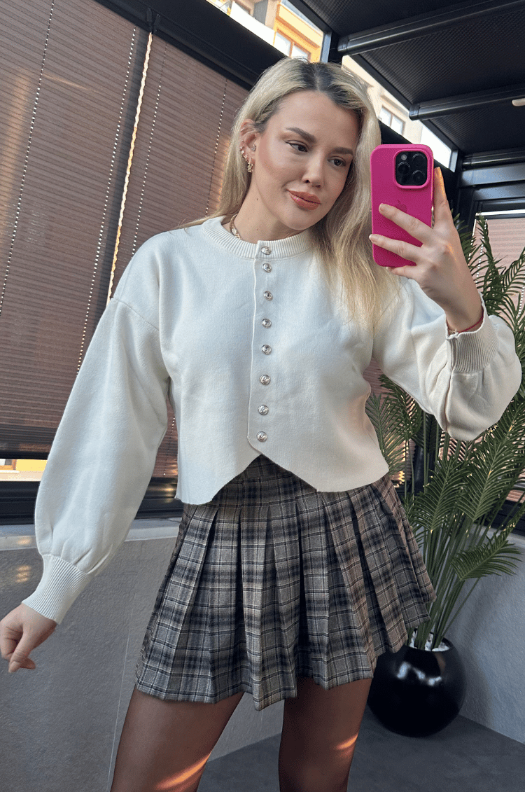 Krem Fit Kesim Crop Hırka