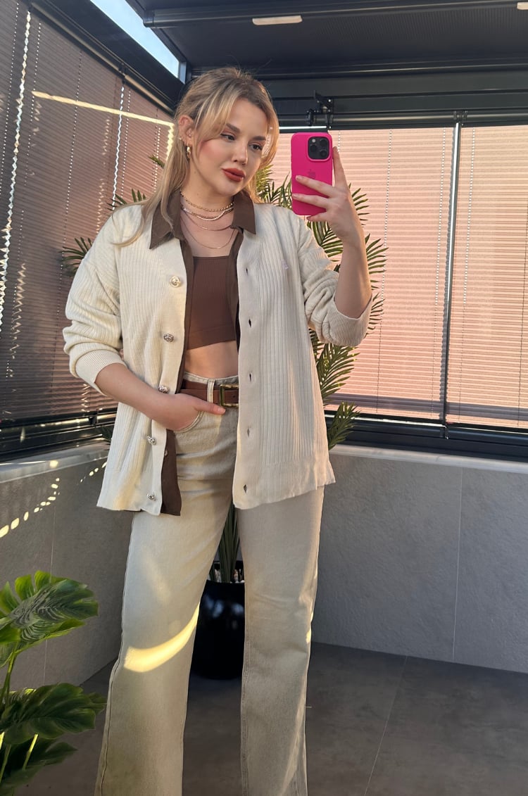 Krem Rengi Fitilli Oversize Basic Örme Hırka
