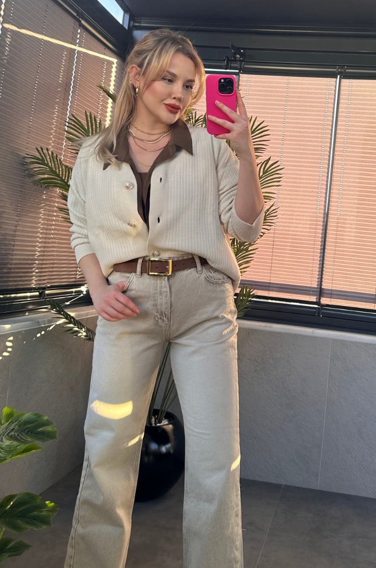 Krem Rengi Fitilli Oversize Basic Örme Hırka