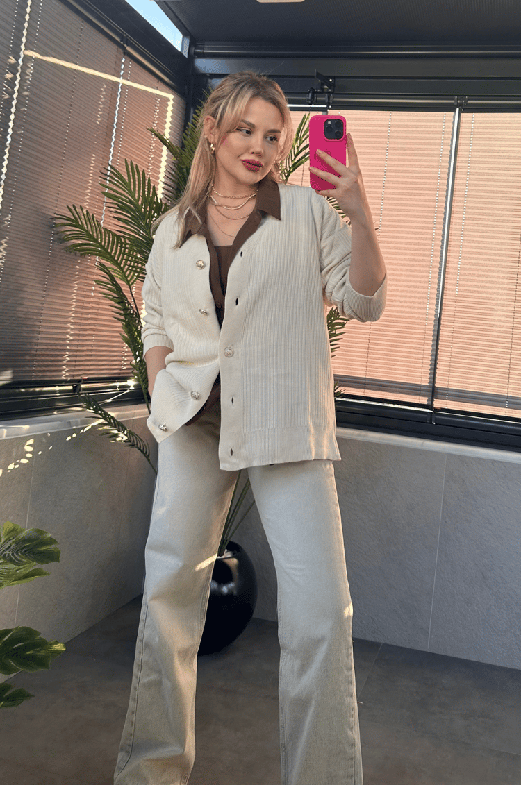 Krem Rengi Fitilli Oversize Basic Örme Hırka