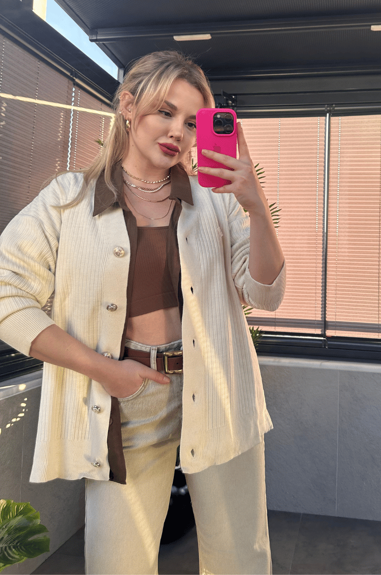 Krem Rengi Fitilli Oversize Basic Örme Hırka