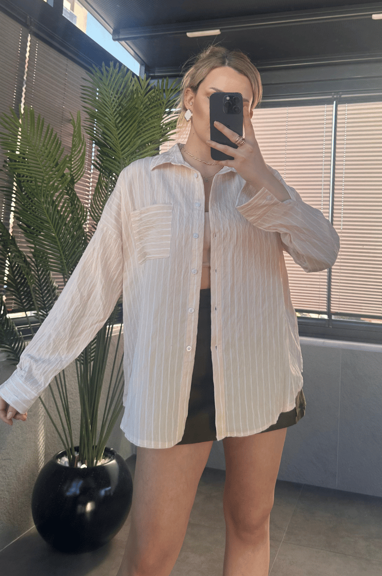 Krem Tek Cepli Çizgili Oversize Modal Gömlek