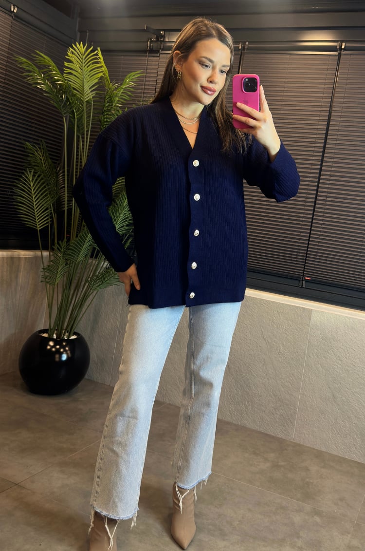 Lacivert Fitilli Oversize Basic Örme Hırka