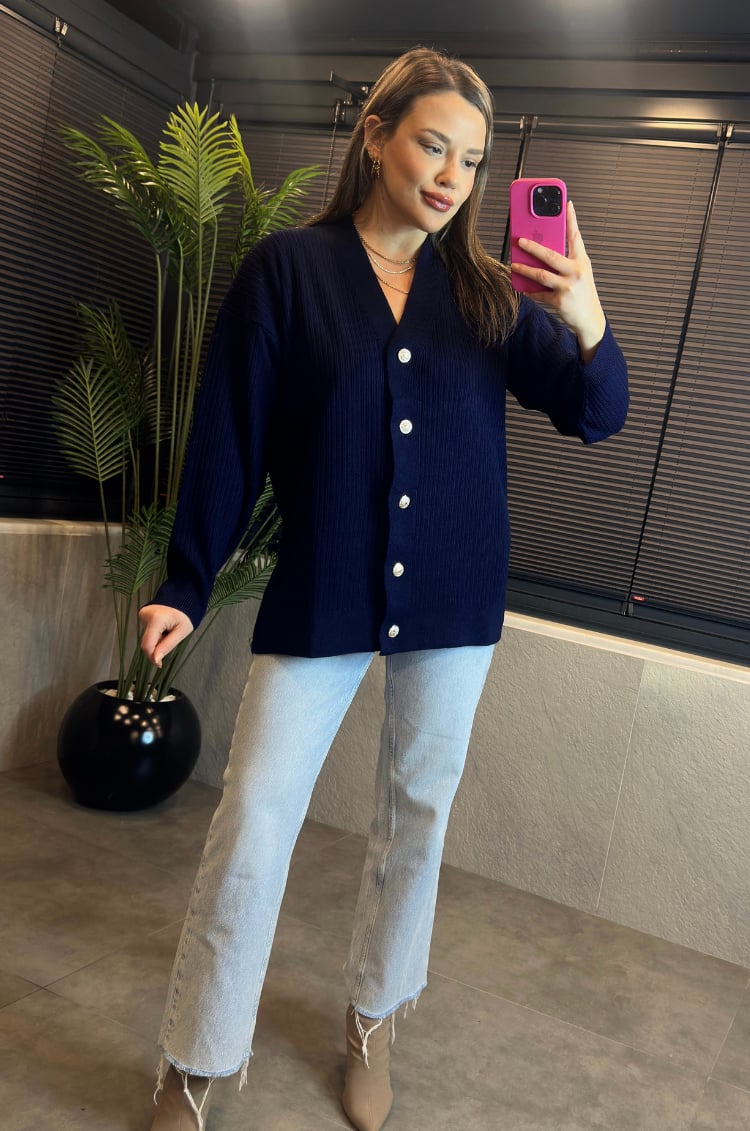 Lacivert Fitilli Oversize Basic Örme Hırka